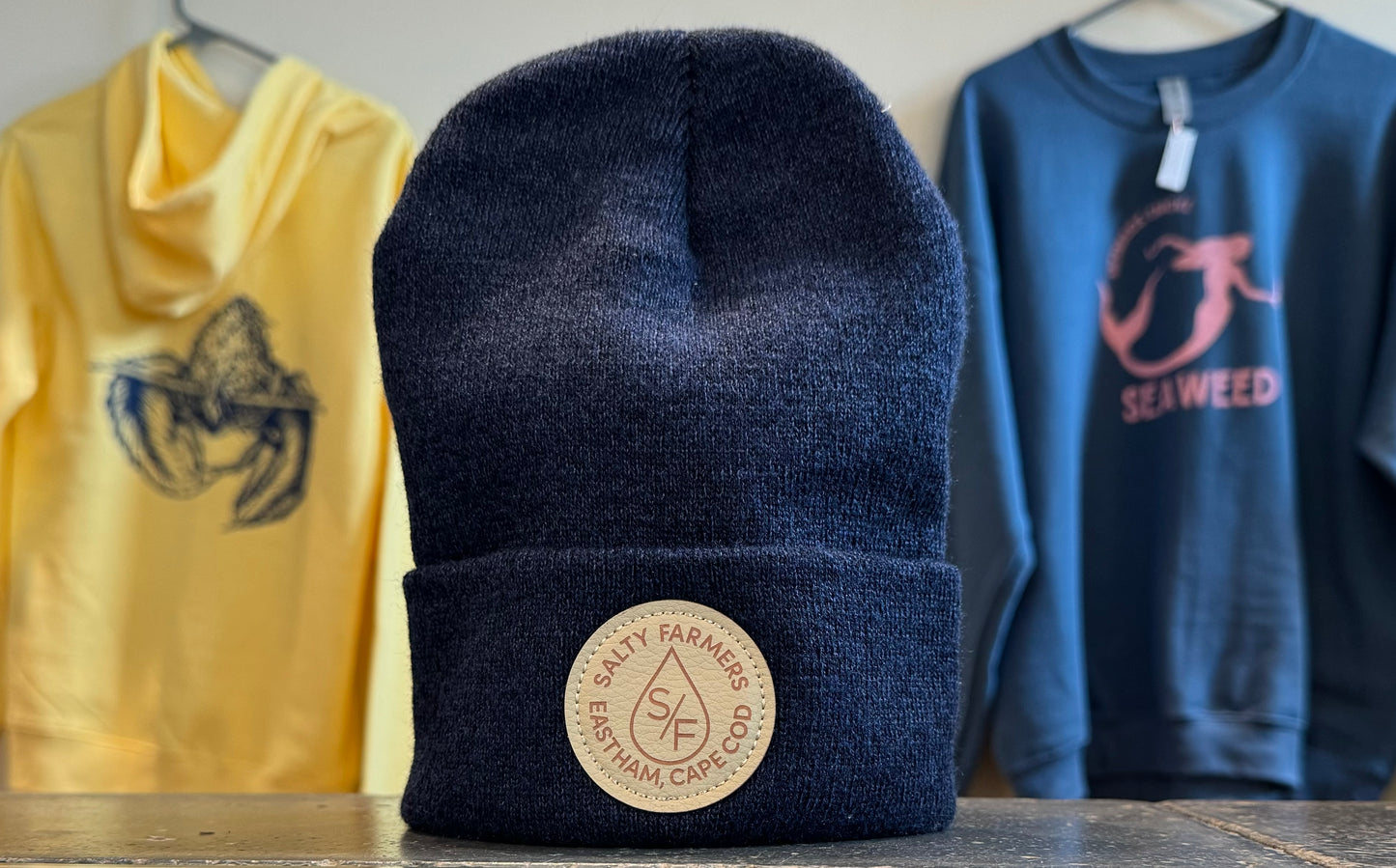 Heather Blue Leather Patch Beanie