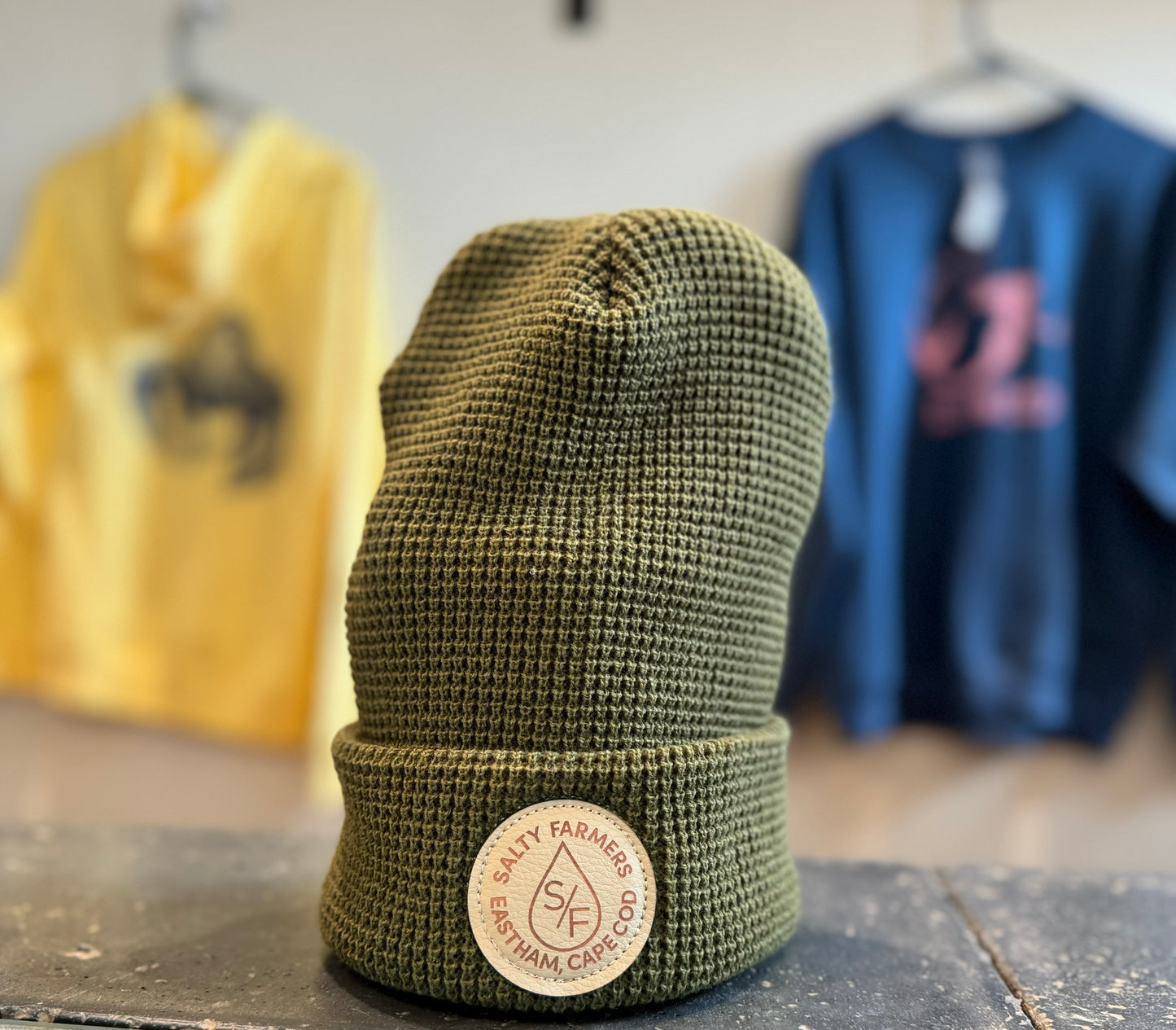 Green Leather Patch Beanie