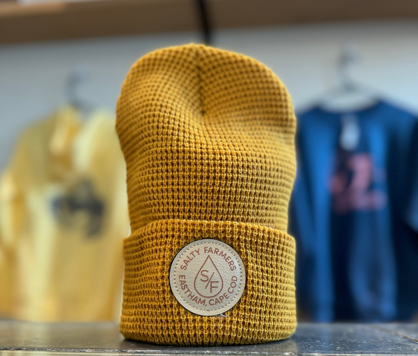 Mustard Leather Patch Beanie